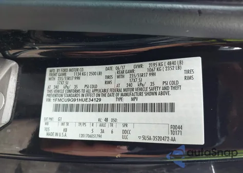 2017 Ford Escape Se z USA, uszkodzony, nr VIN 1FMCU9G91HUE34129